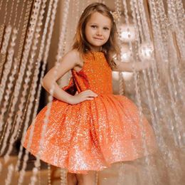 Girl Dresses Fashion O-neck Sparkly Tulle Orange Flower Dress Bow Mini Pageant Gown Baby Birthday Party Robe Princesse Fille