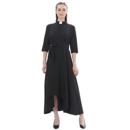 Clergy Dress Uniform For Women Black White Maxi Chemise Church Tab Collar Minister Priest Costume