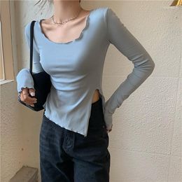 Women's T Shirts Skinny Y2K T-shirt Woman Long Sleeve Sexy Tee Shirt Femme Winter Solid Basic Crop Top Vintage Split Clothes Women