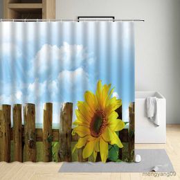 Shower Curtains Interesting Sunflower Shower Curtain Plant Flowers Butterfly Scenery Home Bathroom Decorative Curtains Washable Cloth With R230830