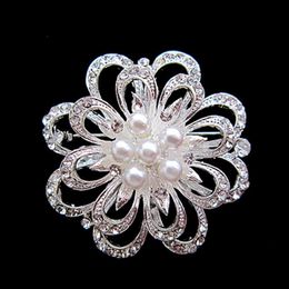 Silver Plated Rhinestone and Pearl Flower Bouquet Brooch