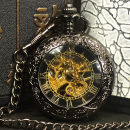 Pocket Watches Steampunk Luxury Fashion Antique Skeleton Mechanical Pocket Watch Men Chain Necklace Business Casual Pocket Fob Watches Gold 230830