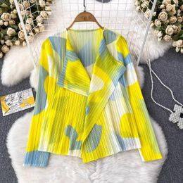 Women's Suits Miyake Pleated Autumn Spring Blazer Coat Elegant Women Notched Neck Geometry Print Long Sleeve High Stretch Cardigan Tops