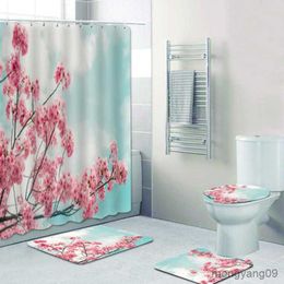 Shower Curtains Romantic Cherry Blossom Shower Curtains Bathroom Curtain Set Pink White Floral Flowers Bath Curtains Mat Rug for Bathtub R230830