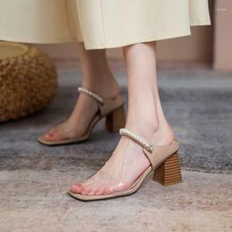 Slippers Women's 2023 Summer Sandals Transparent Chunky Heels High Pearl Open Toe Roman Shoes
