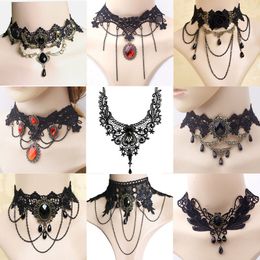 Navel Bell Button Rings Gothic Victorian Black Lace Necklace Women Girl Boho Crystal Tassel Sexy Choker Steampunk Dark Loli Style Halloween Jewellery 230830