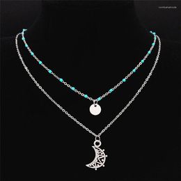 Pendant Necklaces 2023 Boho Moon Stainless Steel Green Layered Charm Necklace Men/Women Silver Colour Jewellery Collares Bohemios Mujer NXS04