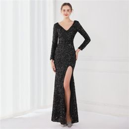 Party Dresses Black Full Sleeves Mermaid Evening Dress V Neck High Split Sequins Long Elastic Formal Gowns For Women Birthday In Stock