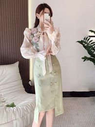 Work Dresses 2023 Elegant Women Two Pieces Set Spring Summer Bow Diamond Embroidery Blouses & Green High Waist Pencil Skirt Suits Female