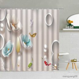 Shower Curtains Pearl Diamond Flower Shower Curtain Butterfly Luxury Bathroom Decor Bath Screen Women Waterproof Fabric Curtains R230831