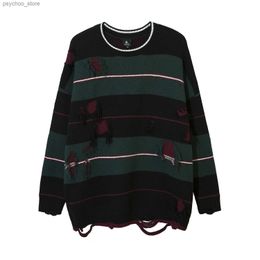 Dark Ripped Knitted Sweater Autumn and Winter Harajuku Colorblock Patchwork Oversize Knitwears Outwear Men Women Casual Clothes Q230830