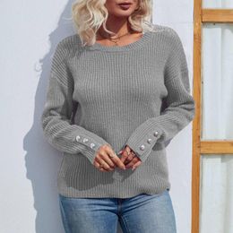 Women's Sweaters Autumn And Winter Loose Solid Colour Round Neck Pullover Sweater For Women Fashion Long Sleeve Cuff Buttons Knitted