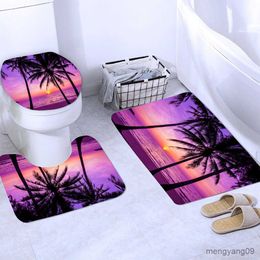 Shower Curtains 3D Dusk Beach Coconut Tree Waterproof Shower Curtains Purple Bathroom Sets Cover Non-Slip Bath Mat Carpet R230830