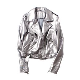 Women's Leather Faux TPJB Women Jackets Lady Glossy Silver PU Motorcycle Jacket Biker Street Coats Female Soft Outwear With belt 230829