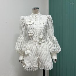 Women's Tracksuits Fashionable Niche Design Hollow Bubble Long Sleeve Three-dimensional Flower Shirt Same Colour Shorts 2-piece Set