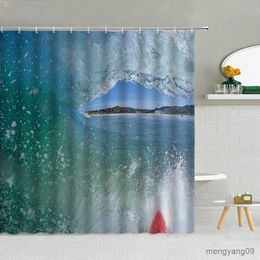 Shower Curtains Ocean Seaside Scenery Shower Curtain Sea Waves Beach Shell Plank Road Bathroom Decor Sunset Landscape Waterproof Fabric Curtains R230830