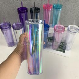 10 Colours 20oz Acrylic Tumbler with Lid Straw Double Walled AS Reusable Plastic Cups Clear Straight Travel Water Bottles