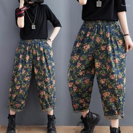 Women's Jeans 2023 Spring Autumn Arts Style Women Elastic Waist Cotton Denim Harem Pants Flower Print Vintage Loose Top Quality P122