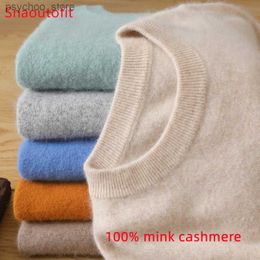 Men's 100% Pure Mink Cashmere Sweater O-Neck Pullovers Knit Sweater Autumn and Winter New Long Sleeve High-End Jumpers Mink Tops Q230830