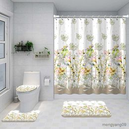 Shower Curtains Inverted Plant Leaves Flowers Waterproof Shower Curtain Bathroom Floor Mat Hanging Decorative with R230831