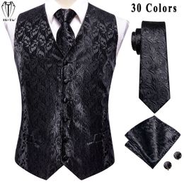 Mens Vests HiTie Designer Jacquard Silk Vest Sleeveless Waist Jacket Pure Black Floral Waistcoat Neck Tie Hanky Cufflinks Set for Men 230829