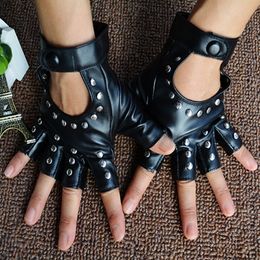 Mittens 1 Pair Halloween Black Pu Leather Fingerless Gloves Female Half Finger Driving Women Fashion Punk Gloves Dance Rivets Gloves 230830