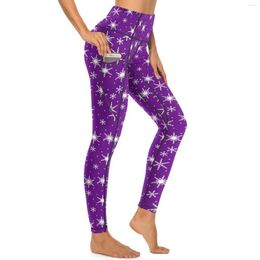 Women's Leggings Snowflake Winter Sexy Purple White Fitness Yoga Pants High Waist Stretchy Sports Tights Pockets Vintage Graphic Leggins