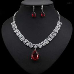 Necklace Earrings Set Fashion Cubic Zirconia Red And Pink Big Water Drop Pendant Bridal Wedding For Brides Party