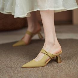 Slippers Pointed Toe Knot Pumps Pearl Metal Heel Solid Cosy High Heels Elegant Concise Women Shoes Outside Wear Summer Pantuflas