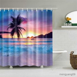 Shower Curtains 3D Print Seaside Beach Sunset Landscape Shower Curtain Tropical Plant Tree Natural Scenery Bathroom Curtains R230831