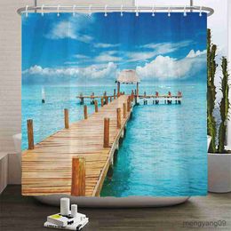 Shower Curtains Seaside Scenery 3d Printed Shower Curtain Wooden Bridge Nature Fabric Waterproof Bathroom Curtain for Bathtub 180x180 R230830