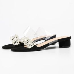 Slippers PVC Pearl Chain Ladies Casual Square Heel Fashion Women Open Toe Sandals Summer Soft Sole Slingback Zapatos Mujer