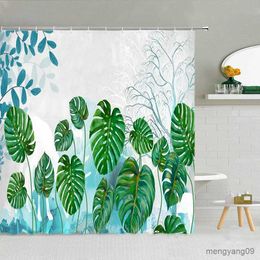 Shower Curtains Tropical Plant Green Leaf Shower Curtain Pineapple Flower Leaves Bathroom Decor Waterproof Fabric Curtains Set R230830