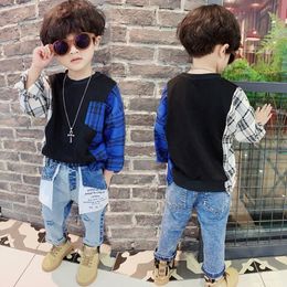 Hoodies Sweatshirts 2023 Kids Boys Patchwork Chequered Sweater Contrast Colour Irreuglar Hem Big Pocket Korean Spring Autumn 5 14 Years Old 230830