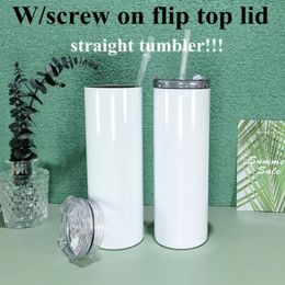 Sublimation Straight Tumbler W/Screw on Flip Top Lid Regular 20oz Tumblers Stainless Steel Slim Insulated Tumbler Water Bottle Travel Mug FY5513 ss1125