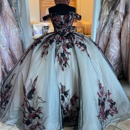 luxury Sweetheart Off Shoulder Pearls Beading Quinceanera Dresses Ball Gown Appliques Flower Crystal Corset Vestidos De xv