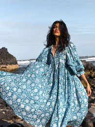 Abiti casual Foridol Lanterna mezza manica ciano Bohemian Beach Abito midi ampio estivo per le donne Tie Up Floral Holiday Vestidos