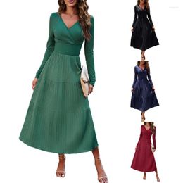 Casual Dresses Women Long Sleeve V-Neck Short Fashion Flowy A-Line Dress High Waist Elegent Fit Smocked