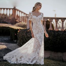 Graceful Lace Mermaid Wedding Dresses Sweetheart Short Sleeve Floral Appliques Bridal Gown Sweep Train Country Civil Mariage