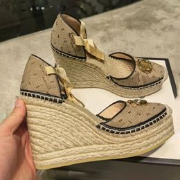 2023 new shoe luxury designer women wedge bottom light twine braided cross ribbon tie leather high heel sandal man slipper with dust bag