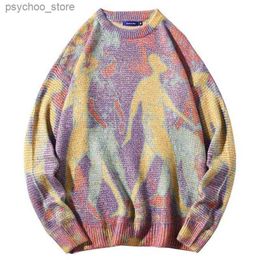 Harajuku Neon Character Graffiti Print Knitted Sweater Pullover Men Women Loose Casual Knitwear Hip Hop Streetwear Men Clothes Q240122