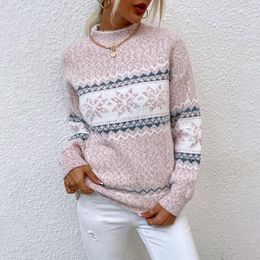 Women's Sweaters Fashion Warm Sweater Knitted Top 2023 Autumn/Winter Christmas Shirt Half High Neck Snowflake Pullover