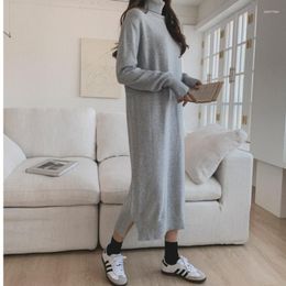 Casual Dresses Korean Fashion Knitted Sweater Dress Elegant Oversize Turtleneck Thickened Autumn Winter Solid Colour Long Sleeve
