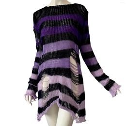 Women's Sweaters Autumn Fashion Stripe Gradient Broken Hole Long Pullover Sweater Street Style Y2K Irregular Hem Knitted