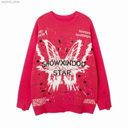 Y2k Harajuku Butterfly Printing Sweaters Jumpers Oversize Round Neck Graphic Sweater Knitted Pullovers Men Ripped Hole Knitwears Q230830