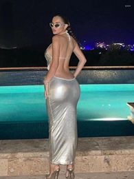 Casual Dresses Sexy Backless Bandage Silver Metallic Long Dress For Woman 2023 Summer Y2k Clothes Fashion Party Club Halter Bodycon