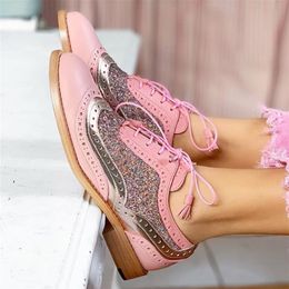 Dress Shoes 3543 Big Size Vintage British Style Oxfords Round Toe Gold Green Pink Lady Lace Up Brogues Loafers Casual For Women 230829