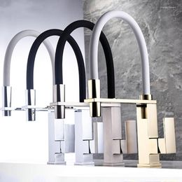 Kitchen Faucets Gold/Chrome/Brushed Solid Brass Faucet Tall Square Pull Down Mixer Double Spout High Quality Material