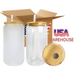 US warehouse Free shipping High Borosilicate 16oz blank sublimation frosted clear gradient Beer can glass cup with clear plastic straw for sublimation printing