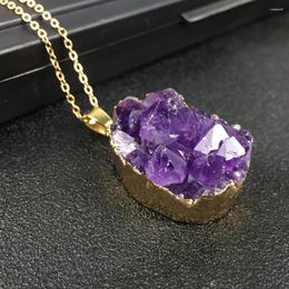 Pendant Necklaces Light Yellow Gold Colour Irregular Shape Amethysts Crystal Link Chain Necklace Temperament Jewellery